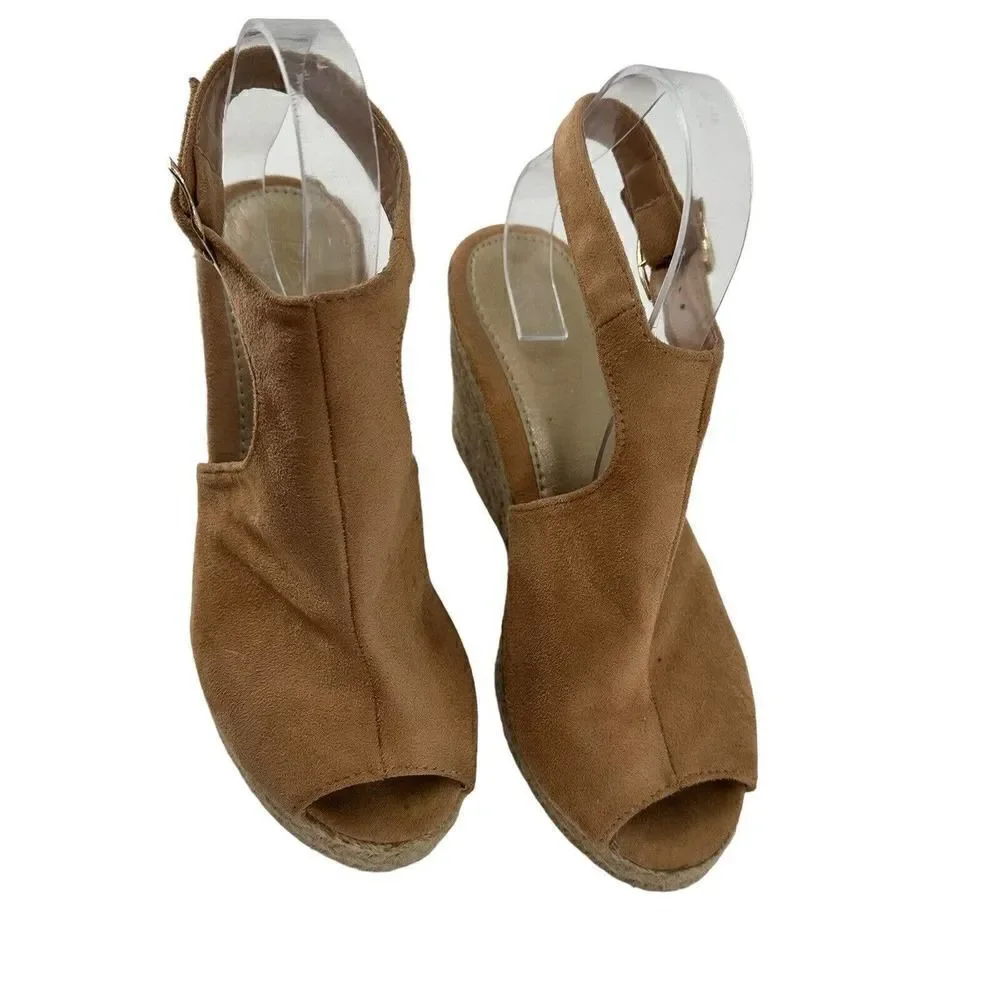 Espadrille Wedge Sandals Tan Brown Peep Toe Refresh Brand Womens Size 8.5 Boho